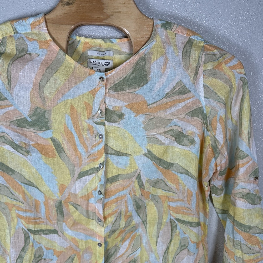 Rachel Zoe 100% Linen Button Up Tunic Top Womens 1X Pastel Floral Print Roll Tab - Picture 2 of 7